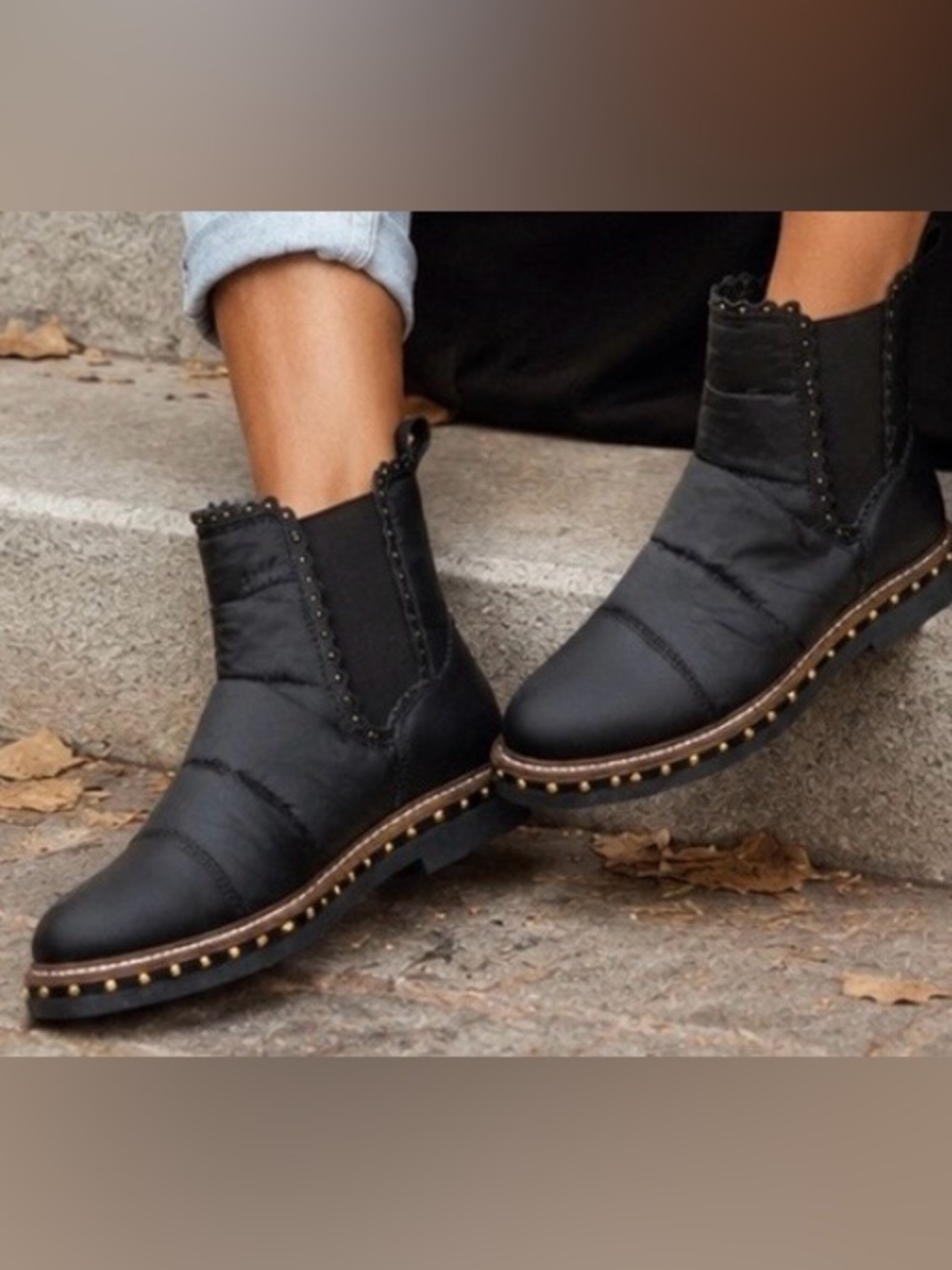 Free People Black Quilted Chelsea Ankle Boots Studded Trim EU 39 US 8.5 / 9